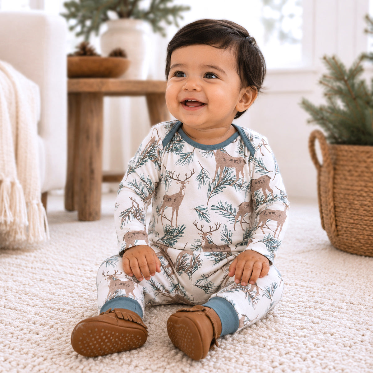 Deer Pine Baby Romper | Bamboo Woodland Print
