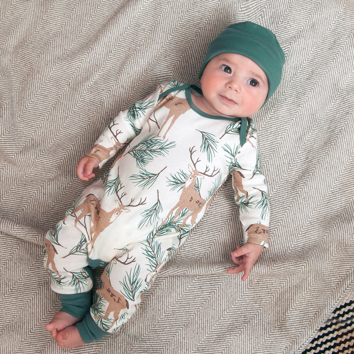 Deer Pine Green Long Sleeve Cotton Romper