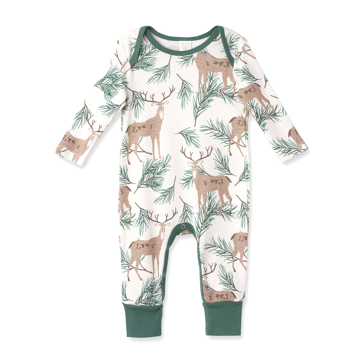 Deer Pine Green Long Sleeve Cotton Romper