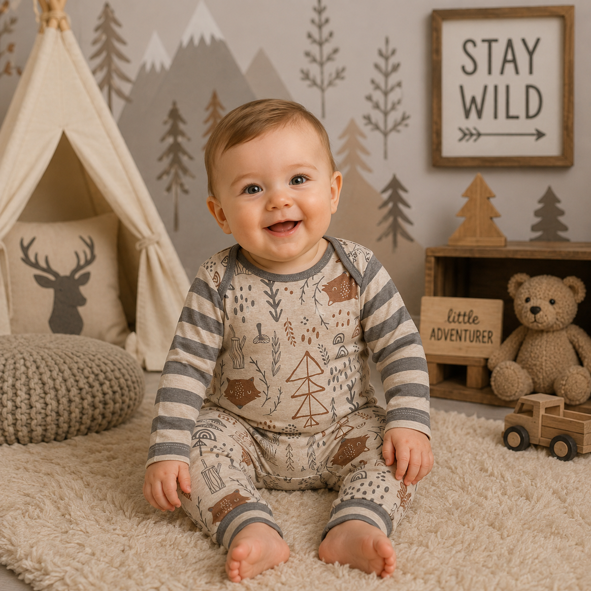 Rustic Fox Forest Cotton Romper - 6-12M