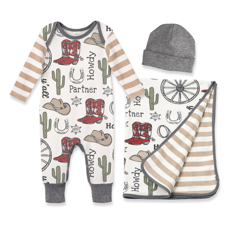 Cowboy Baby Boy 3-Piece Gift Set – Romper, Blanket & Beanie