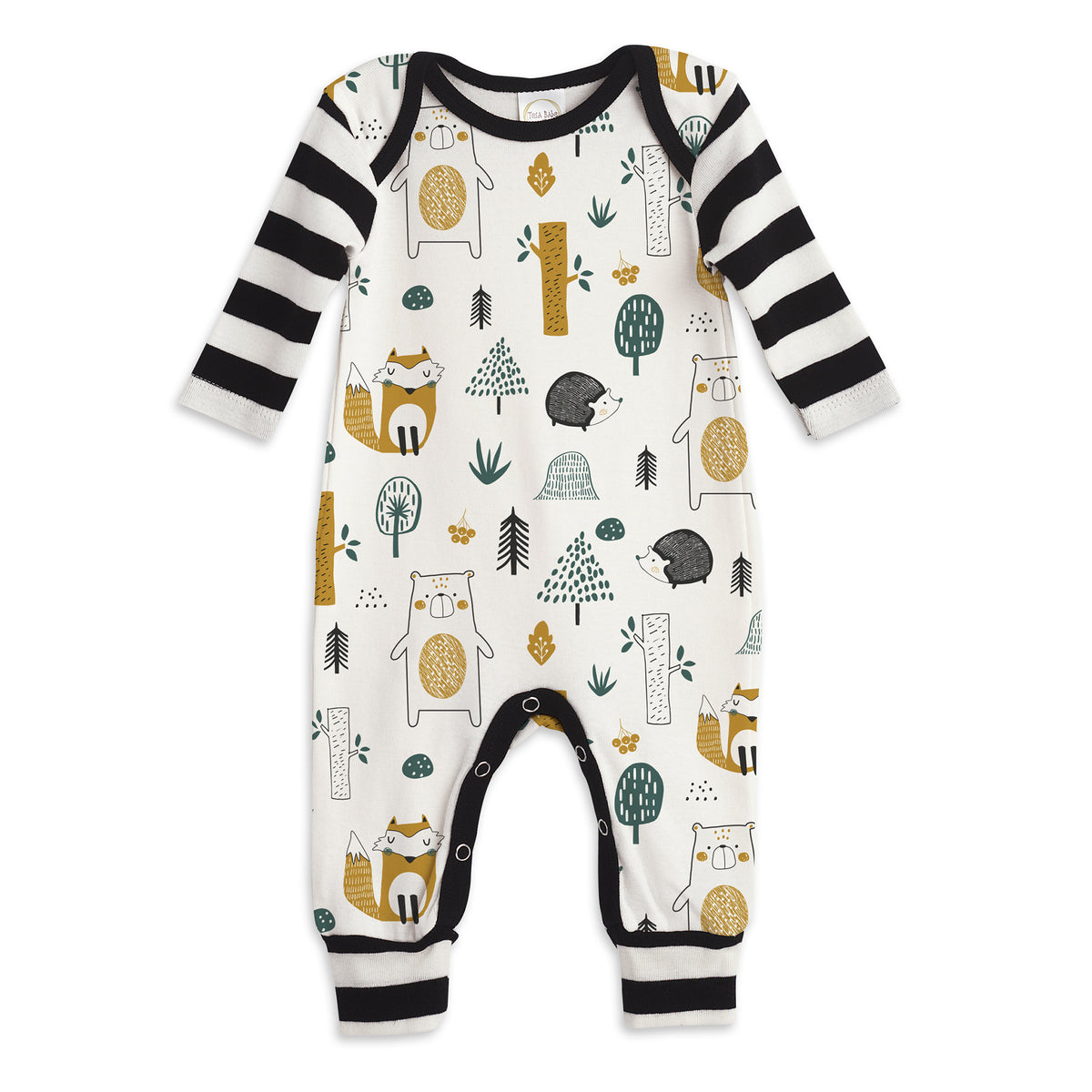 LS Romper - Woodland Critters Body Ivory & Black Y/D Stripe Sleeves & Cuffs Light Black Neck & Ins