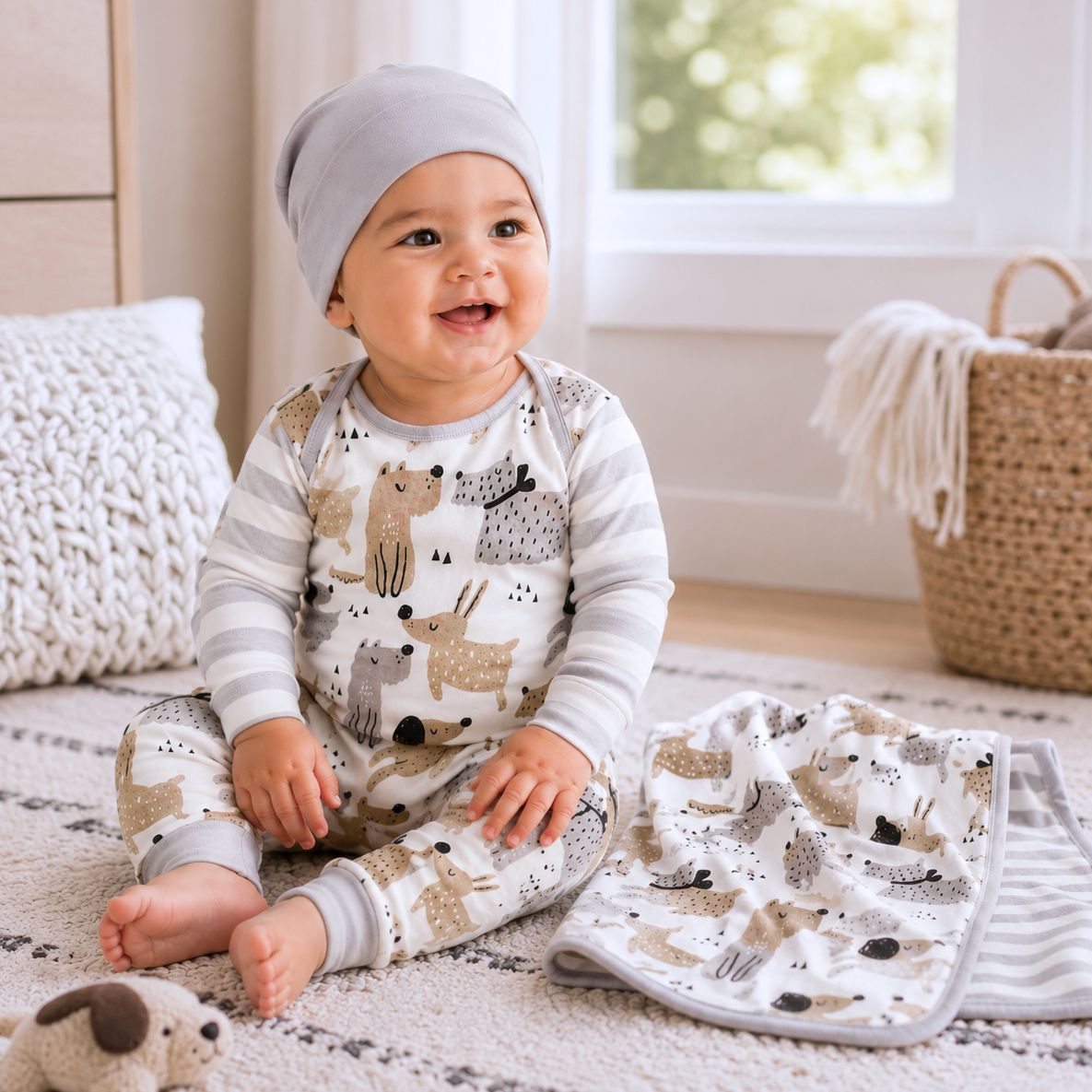 Puppy Dog Baby Boy 3-Piece Gift Set – Romper, Blanket & Beanie