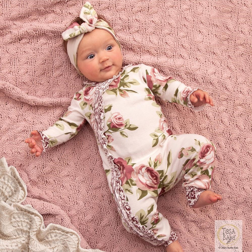 Baby Girl's Cabbage Rose Damask Cotton Zippered Romper 12-18M