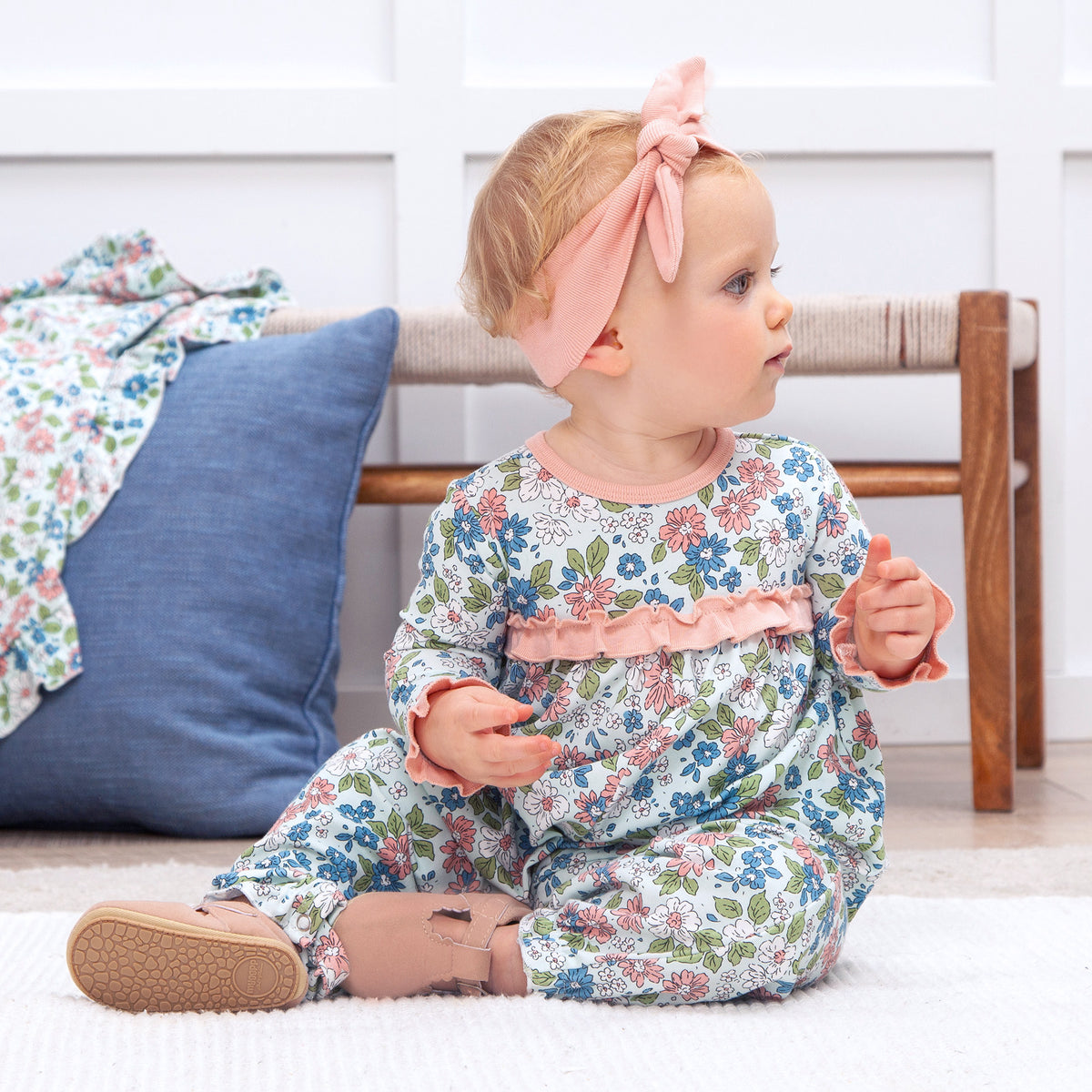 Floral Empire Baby Girl Romper – Bamboo Meadow Fields Ruffle 9-12M