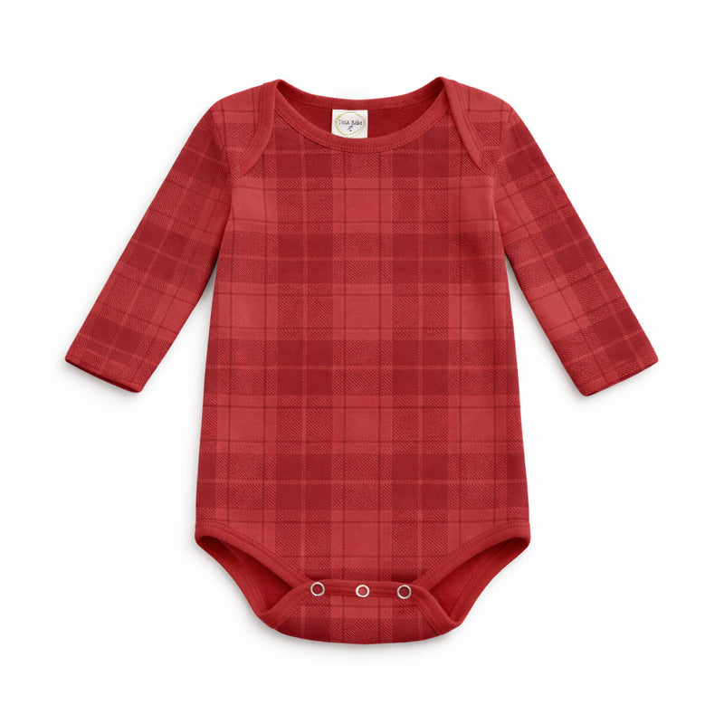 Red Plaid Baby Bodysuit In Soft Cotton Rib - Holiday One Piece