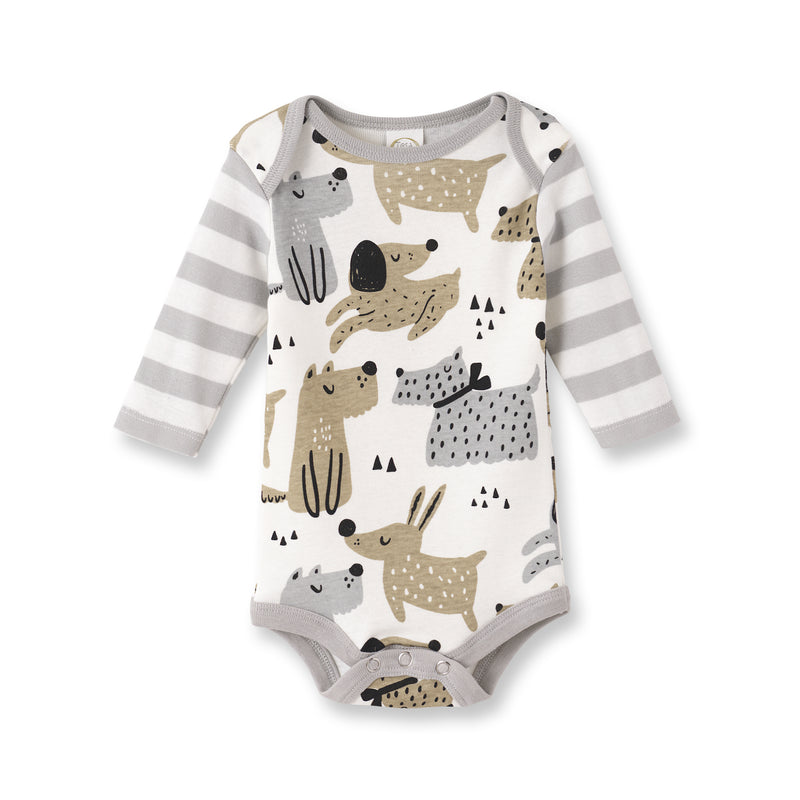 Puppy Dog Print Baby Bodysuit – Cotton Stripe Sleeve