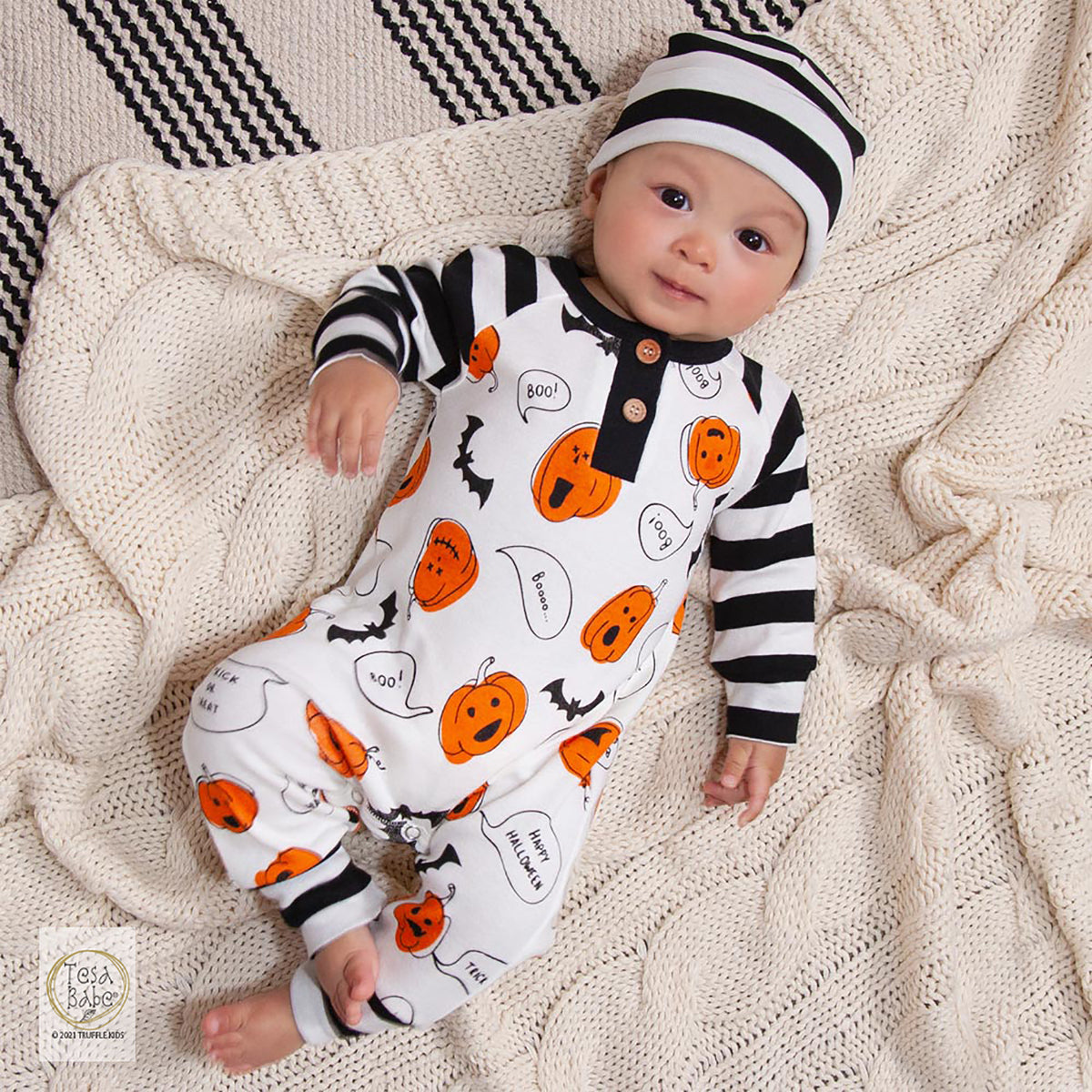 Baby's Cotton Bats & Pumpkins Henley Romper
