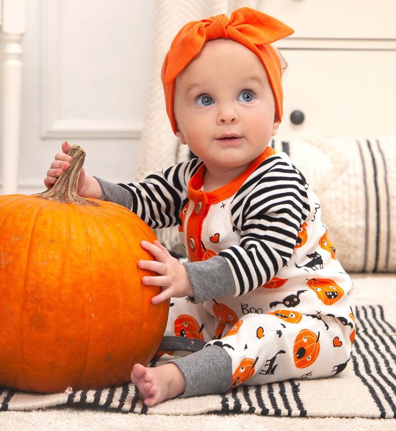 Halloween 🎃 Playful Pumpkins Baby Romper – Soft Bamboo Henley Style