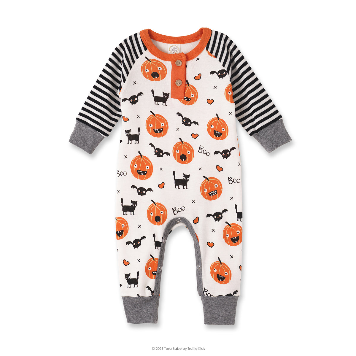 Halloween 🎃 Playful Pumpkins Baby Romper – Soft Bamboo Henley Style