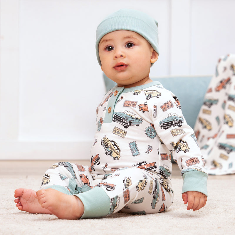 Vintage Car Henley Romper – Bamboo Baby Road Trip Style