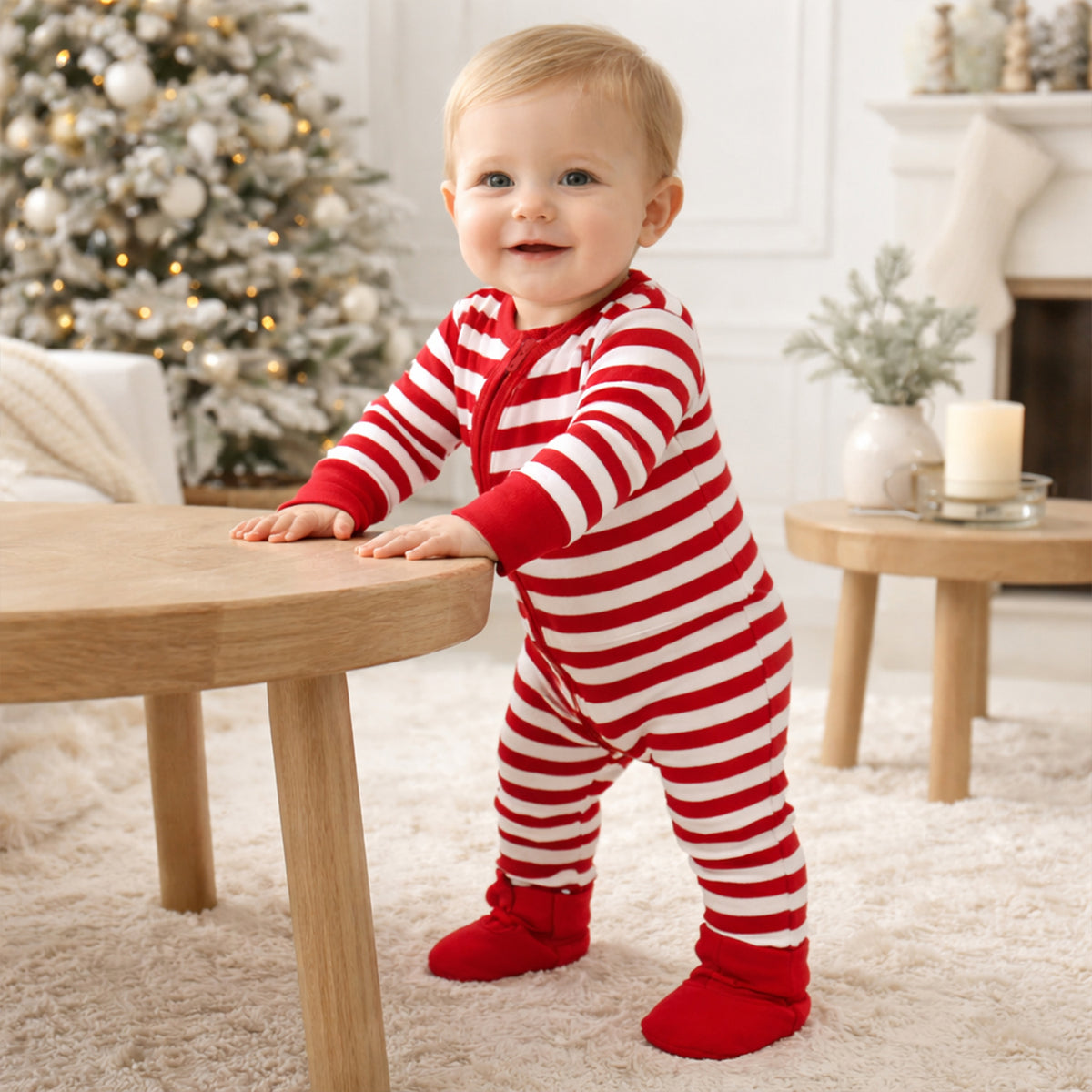 Candy Cane Christmas Stripe Baby Zipper Romper - 100% Cotton