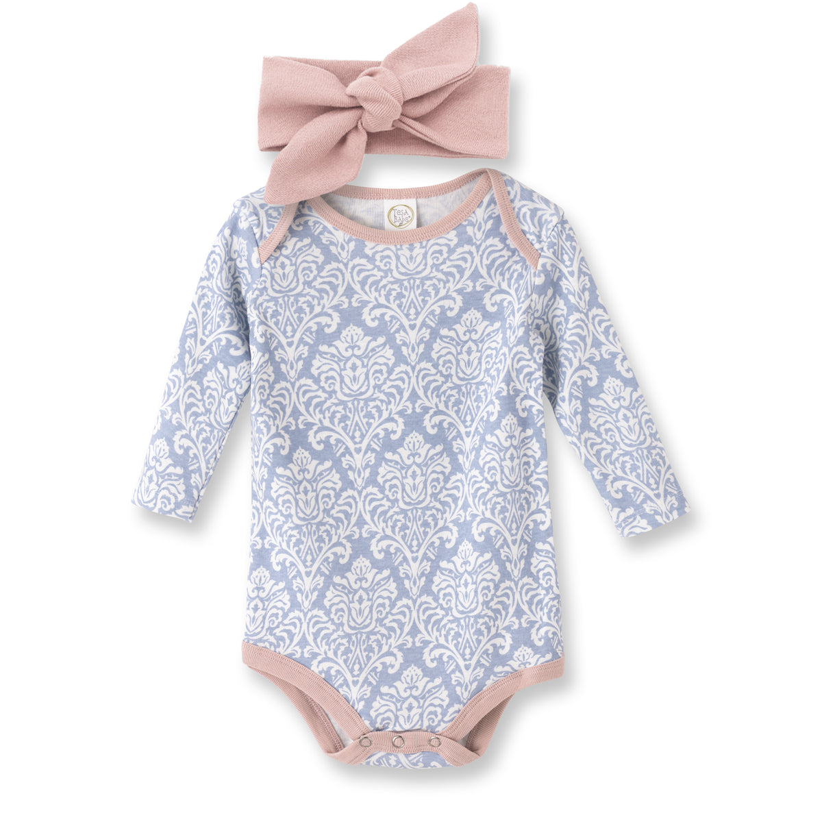 Adelaide Long Sleeve Blue Damask Cotton Bodysuit