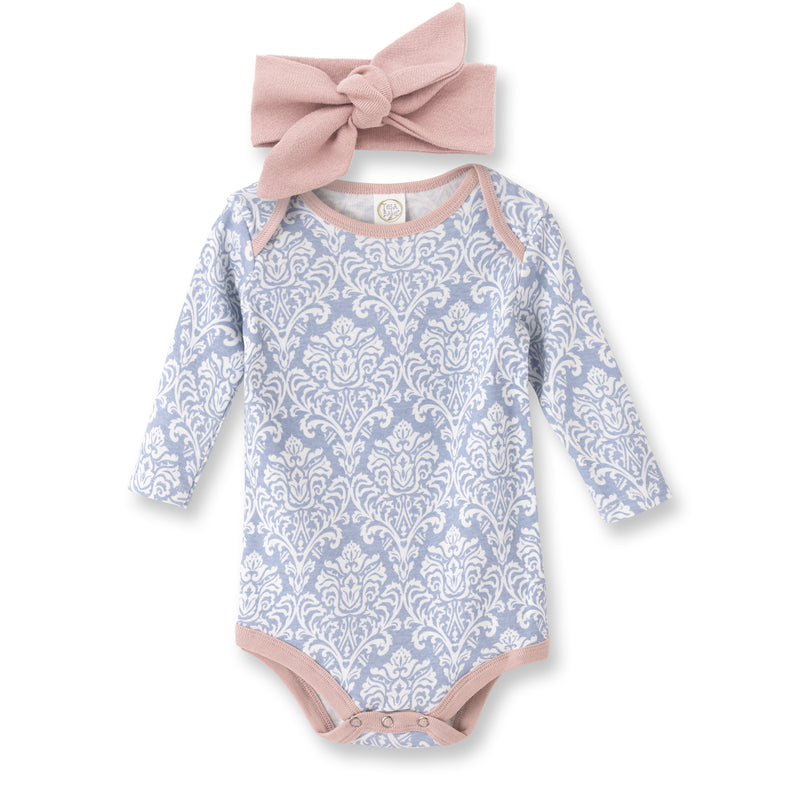 Adelaide Long Sleeve Blue Damask Cotton Bodysuit