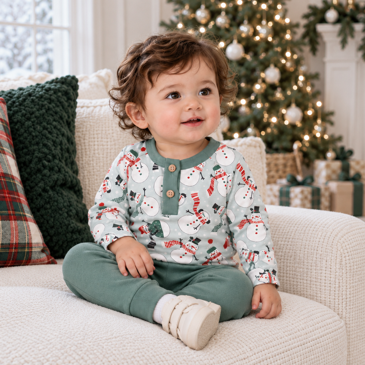 Christmas Snowmen Baby Boy's Bamboo Henley Top & Pants
