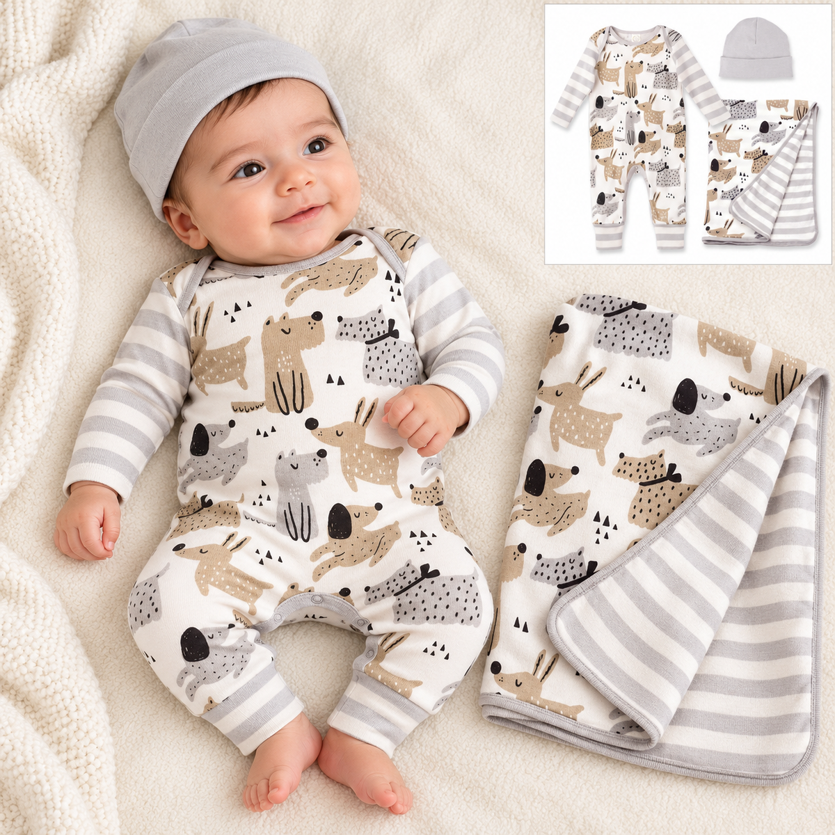 3 Piece Set - Puppy Dogs Cotton Romper, Blanket & Beanie