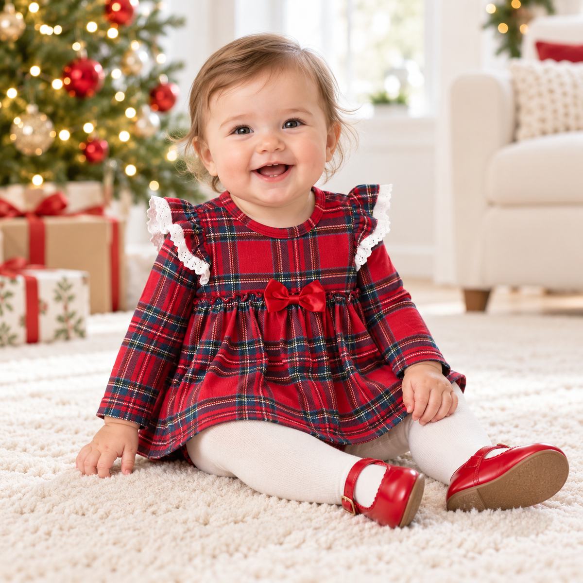 Christmas Bamboo Baby Skirted Bodysuit – Red Tartan Plaid