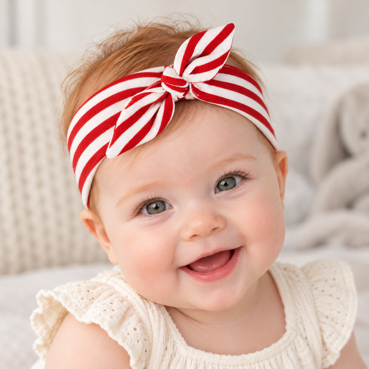 Cotton Bow Headband – Thin Red Stripes