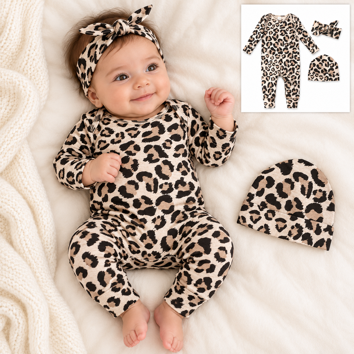 3 Piece Set - Leopard Cotton Romper, Headband & Beanie 0-6M