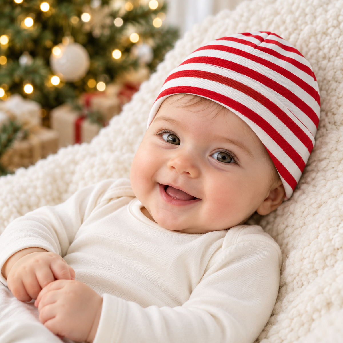 Baby Beanie – Soft Cotton Rib in Red Stripes