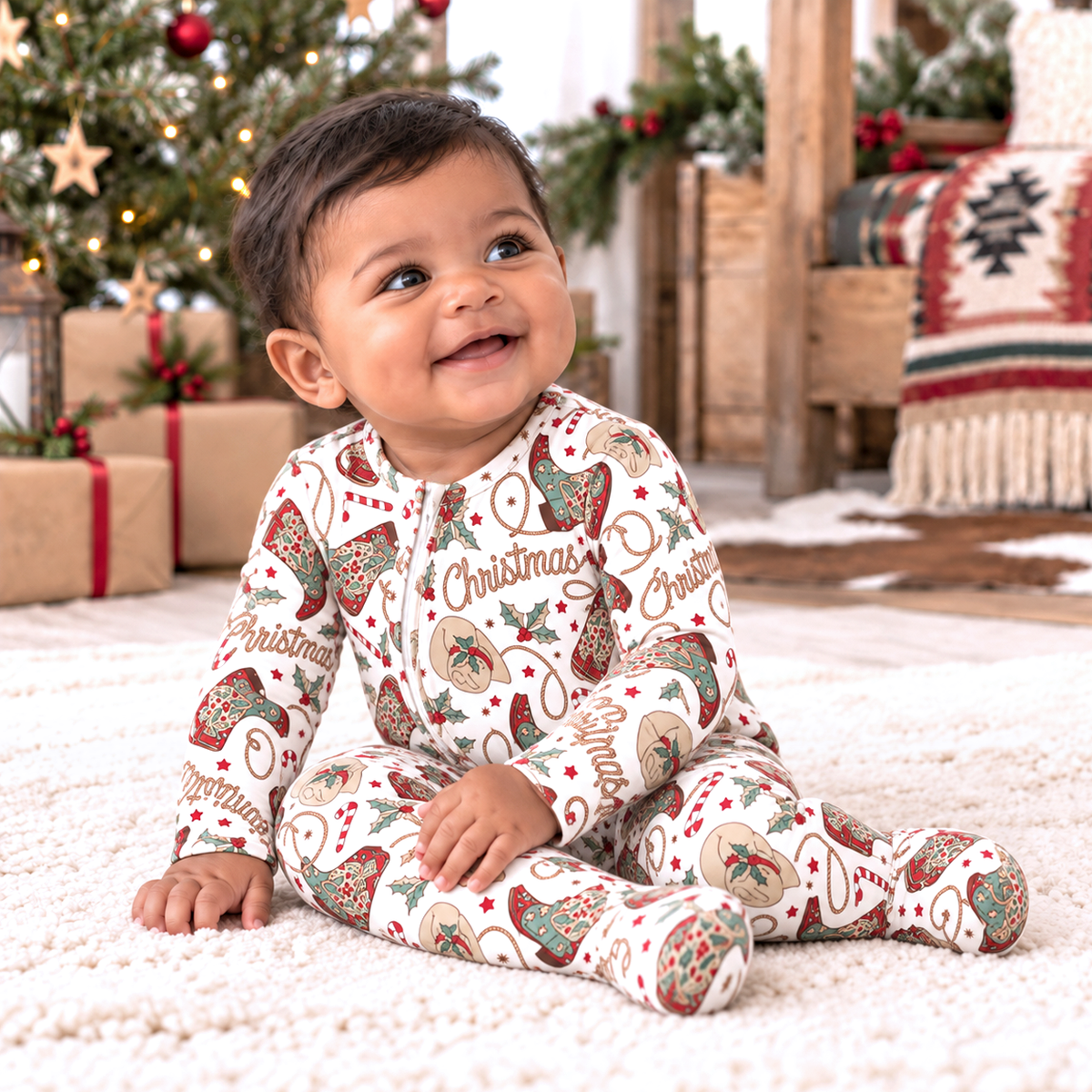 Western Christmas Baby Bamboo Footed Zipper Romper - Cowboy Holiday