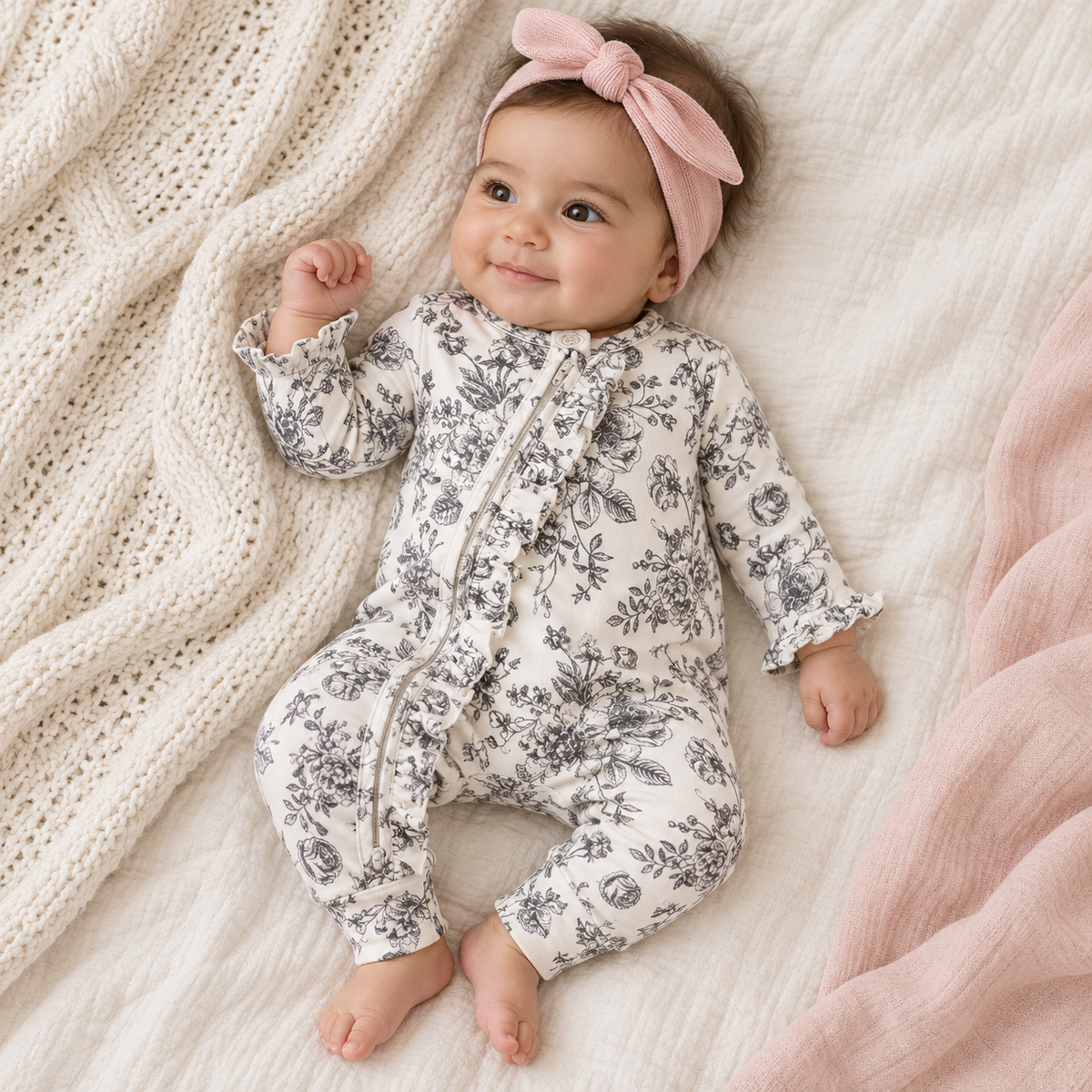 Gray Floral Toile Bamboo Zipper Romper Newborn