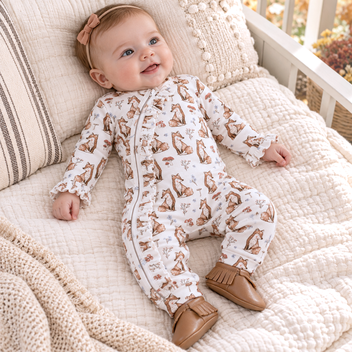 Woodland Hollow Ruffle Zipper Romper – Soft Bamboo
