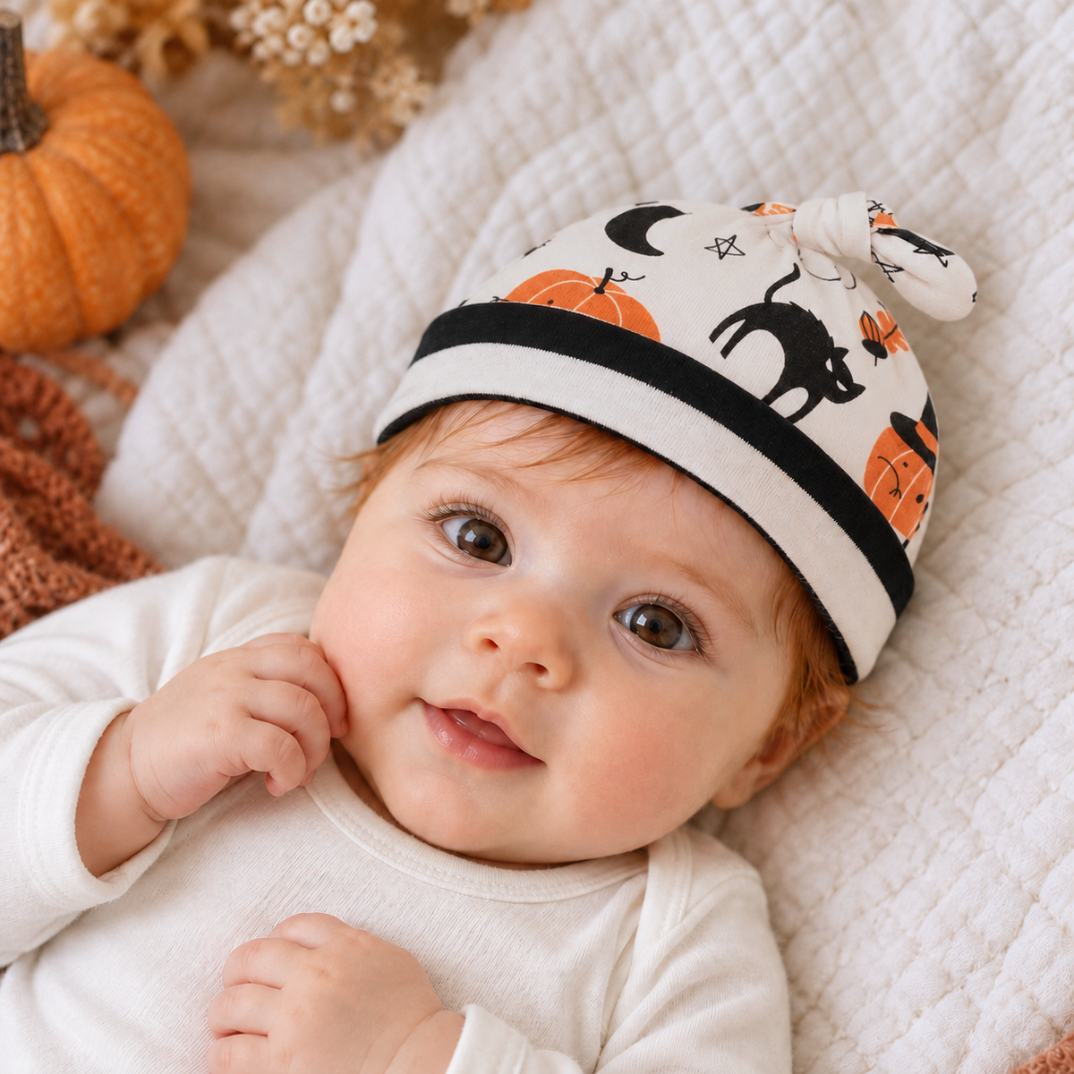 Knotted Baby Beanie – Soft Cotton Rib Halloween Print