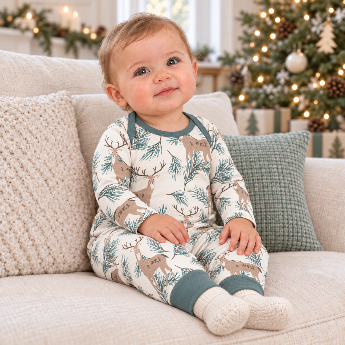 Deer Pine Baby Romper | Cotton Woodland Print