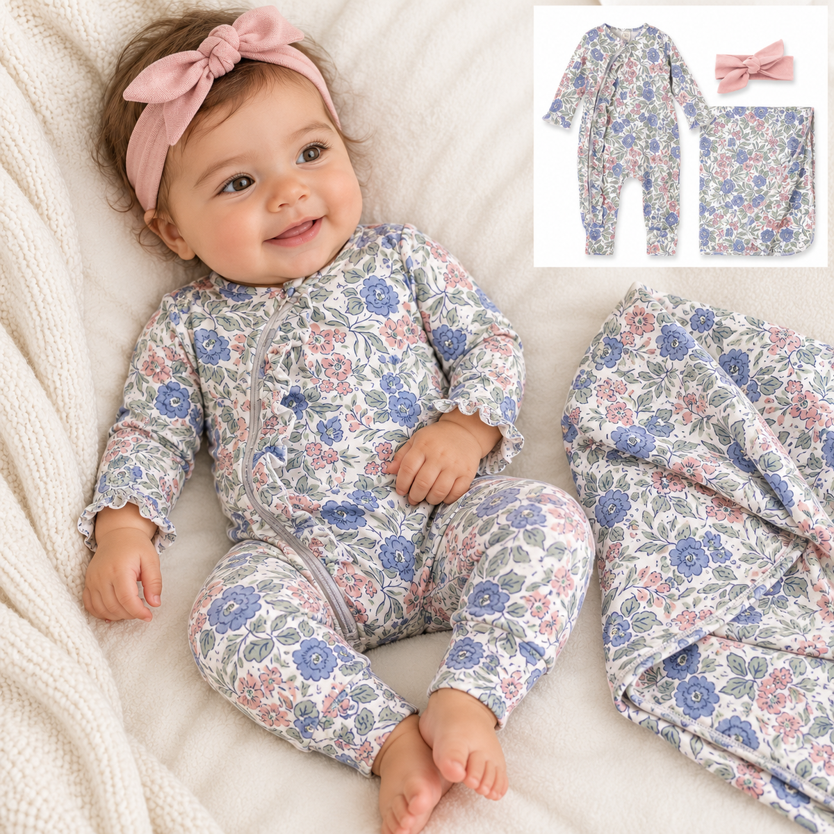 3 Piece Set - Floral Bamboo Romper, Blanket & Cotton Headband