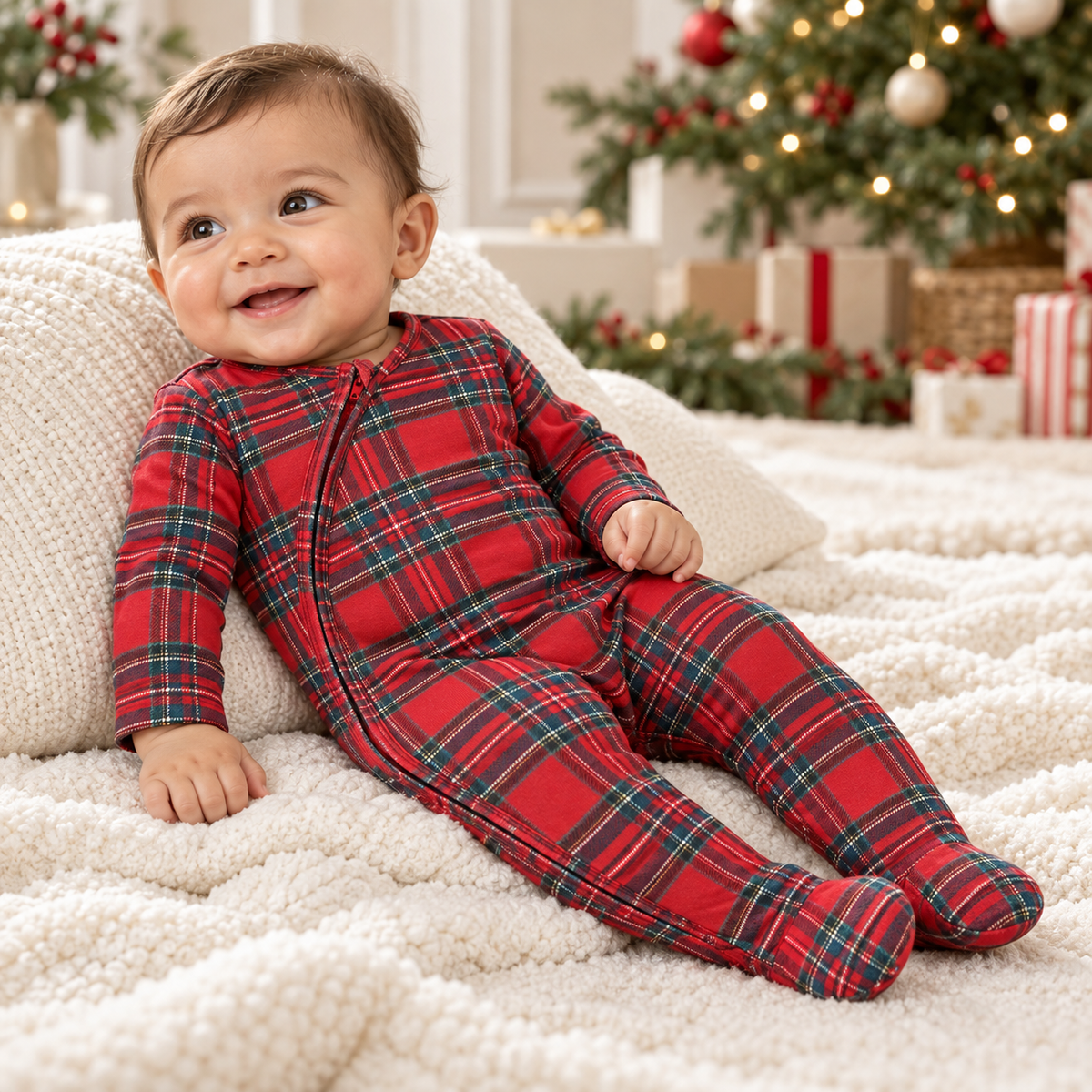 Christmas Bamboo Footed Baby Zipper Romper – Classic Holiday Plaid