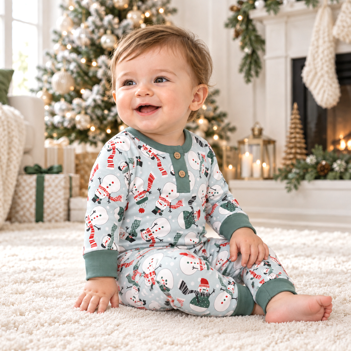 Baby Boy's Christmas Snowmen Bamboo Henley Romper