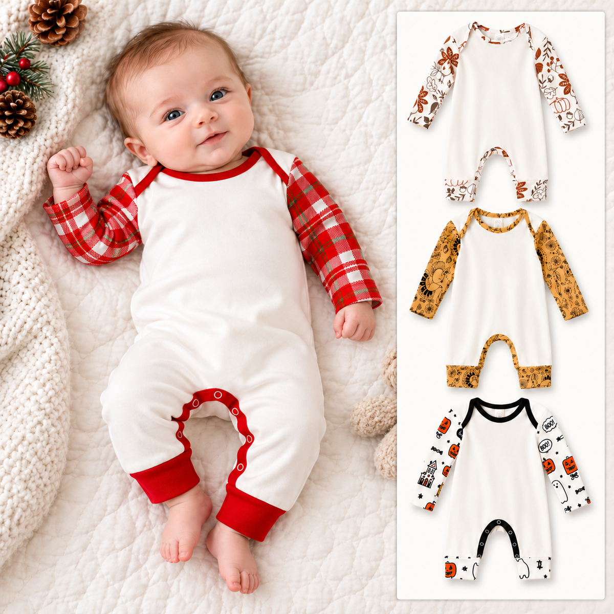 Newborn Cotton Rib Romper | Printed Sleeves