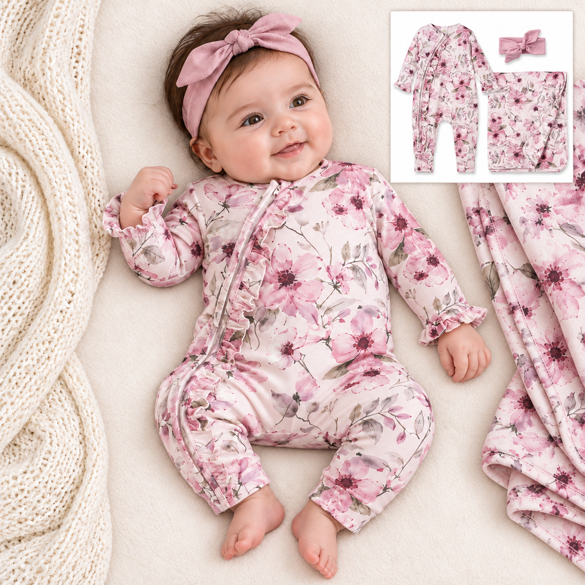 3 Piece Set - Watercolor Floral Bamboo Romper, Blanket & Cotton Headband