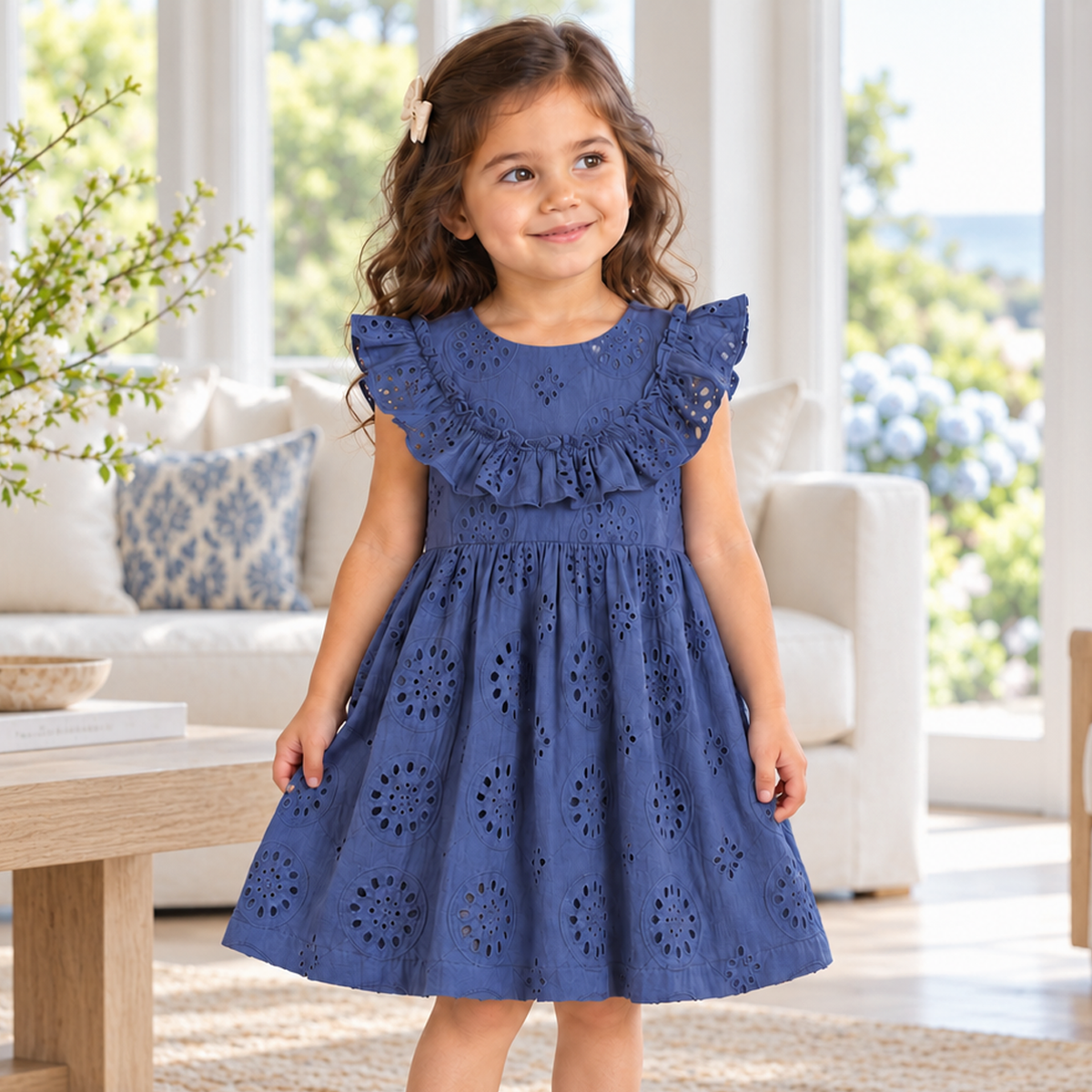 Eyelet Ruffle Dress - Cotton Blue Embroidered