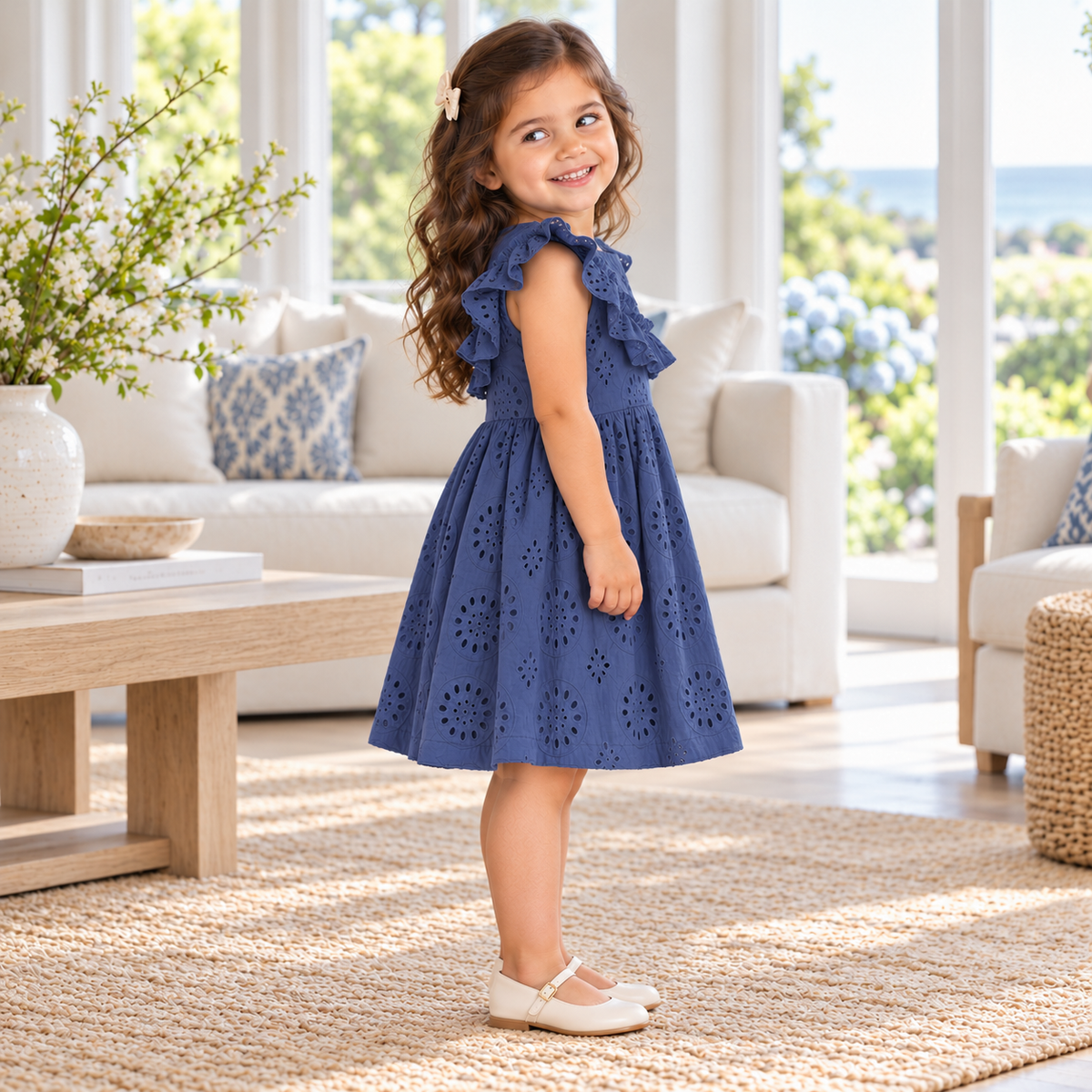 Eyelet Ruffle Dress - Cotton Blue Embroidered