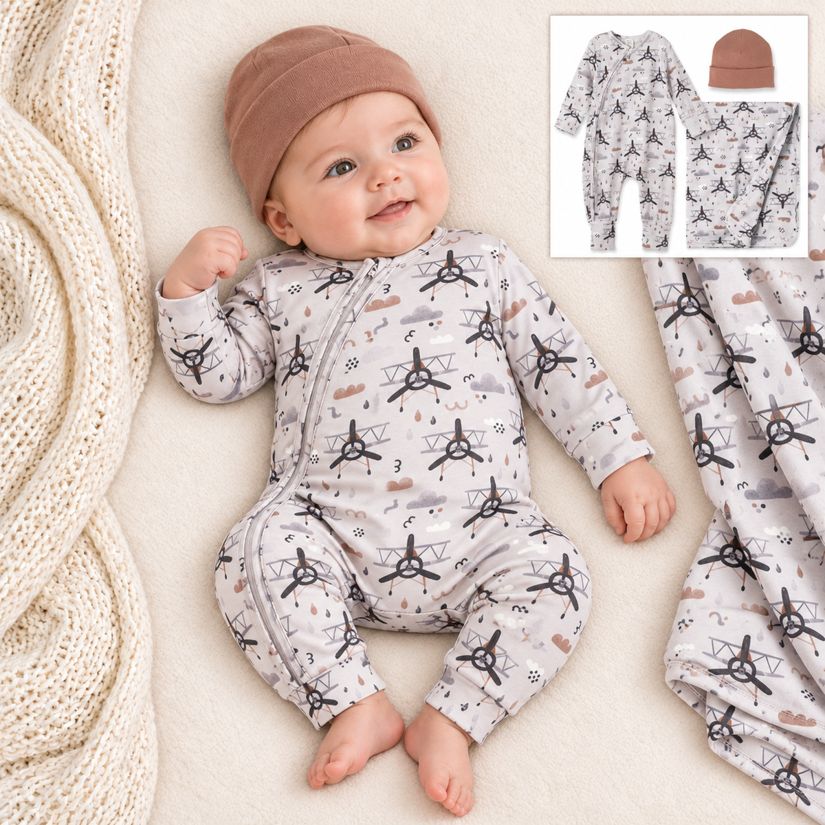 3 Piece Set - Little Aviator Bamboo Romper, Blanket & Cotton Beanie