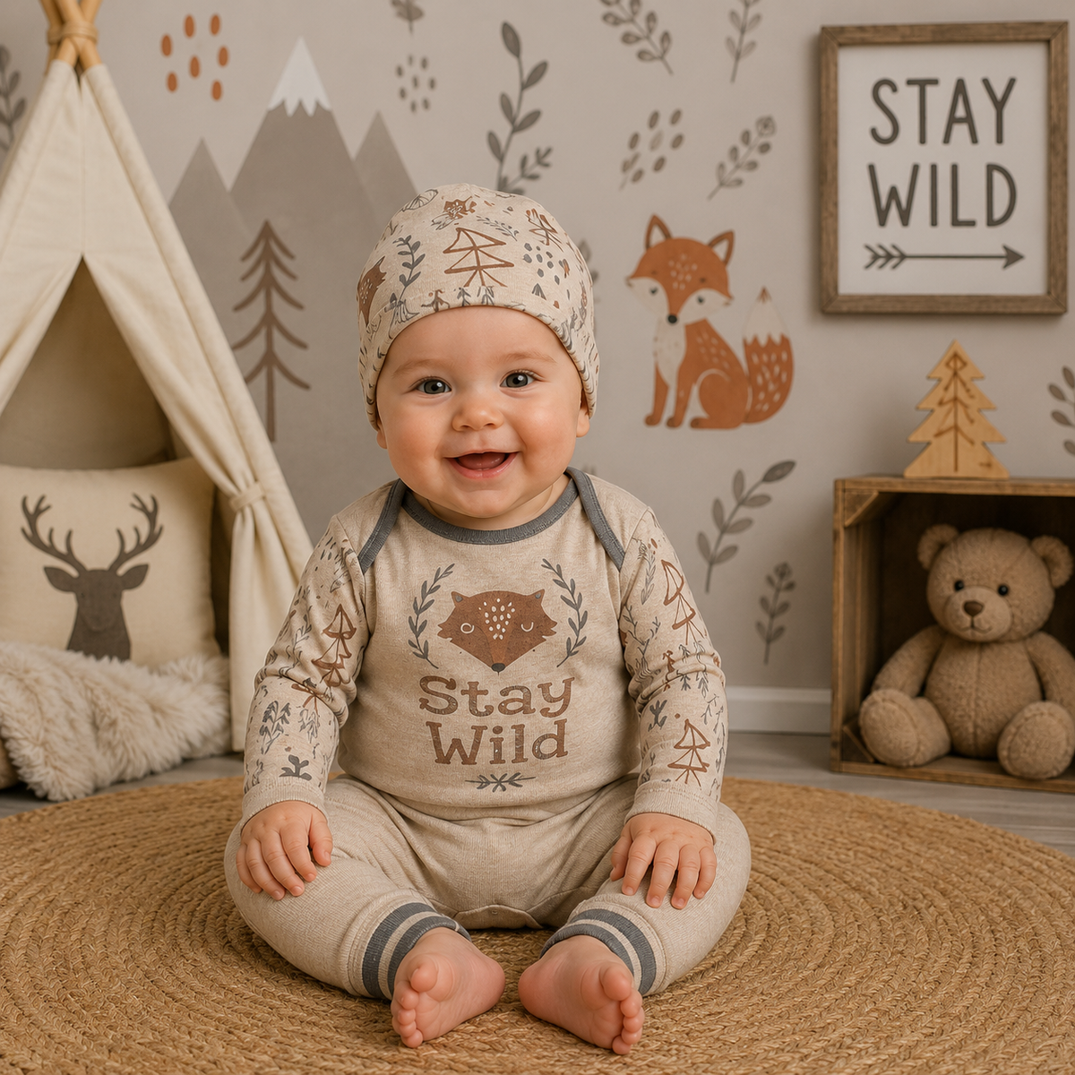 Stay Wild Heather Sand Cotton Romper - Newborn