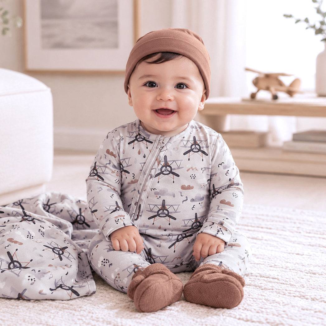 Aviator Bamboo Baby Boy 3-Piece Gift Set – Romper, Blanket & Beanie