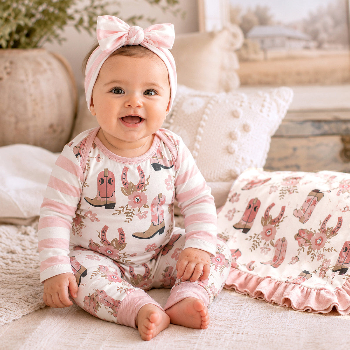 Cowgirl Boots Baby Girl 3-Piece Gift Set – Romper, Blanket & Headband