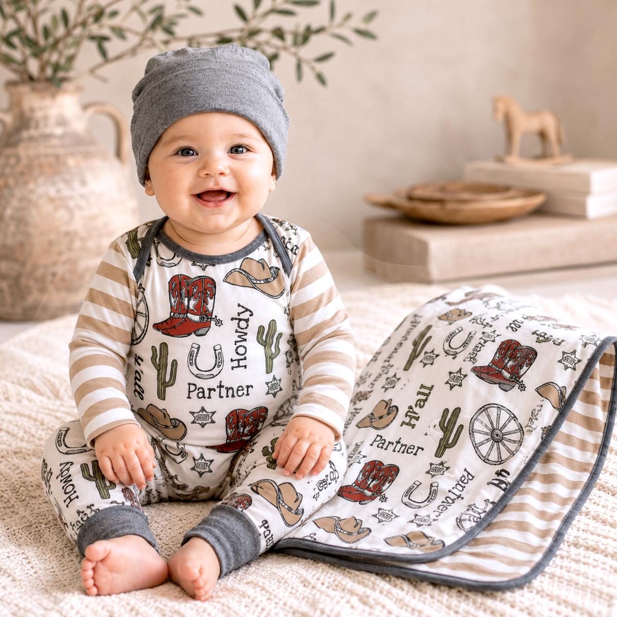 Cowboy Baby Boy 3-Piece Gift Set – Romper, Blanket & Beanie