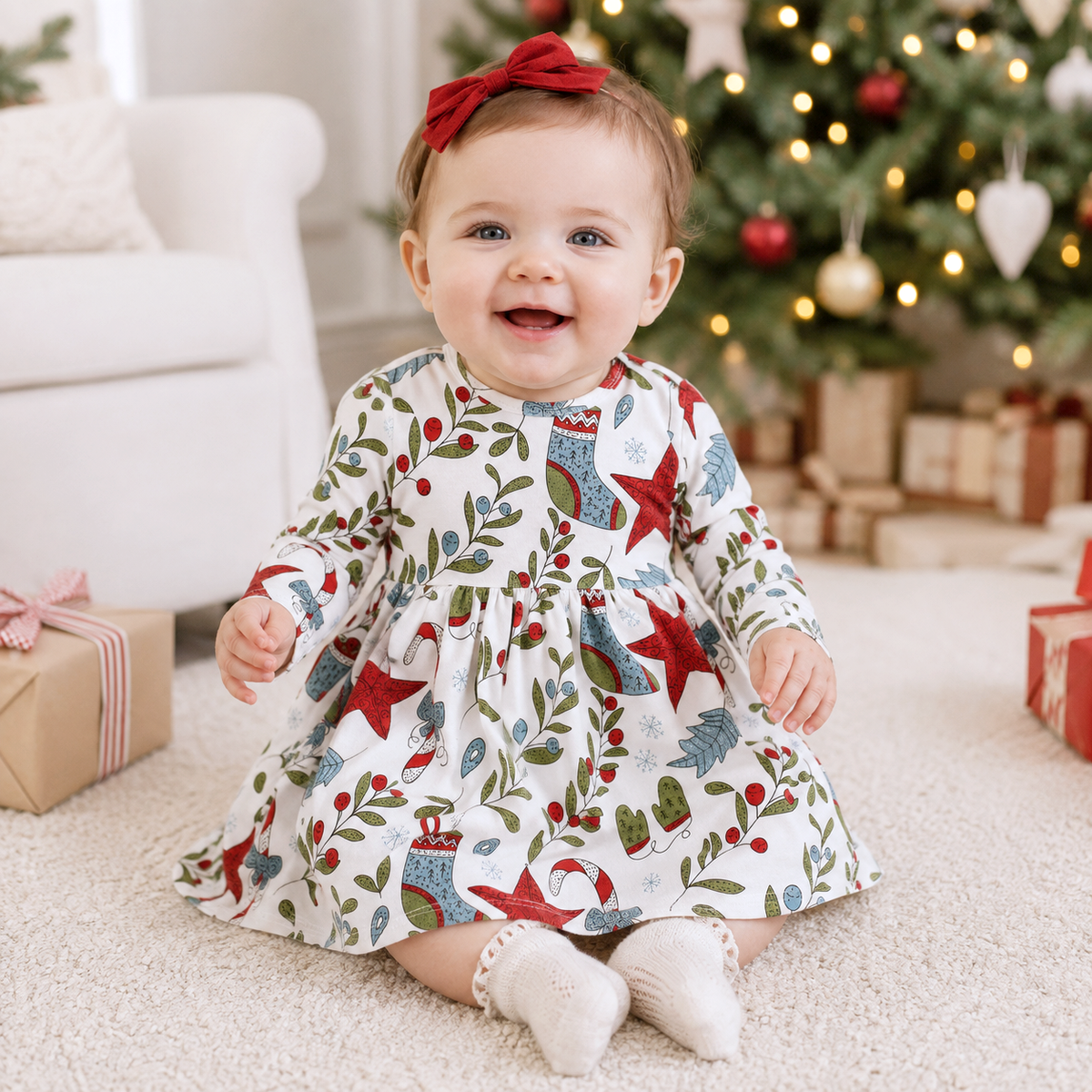 Christmas Stars Bamboo Long Sleeve Dress