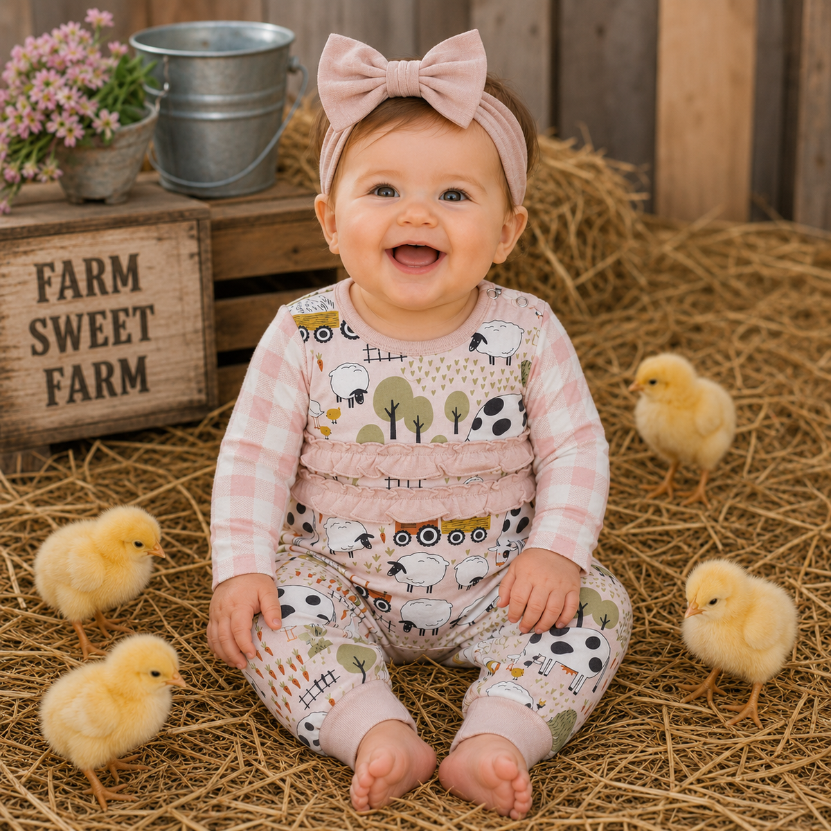 Farmyard Baby Girl Romper - Bamboo One Piece 3-6M