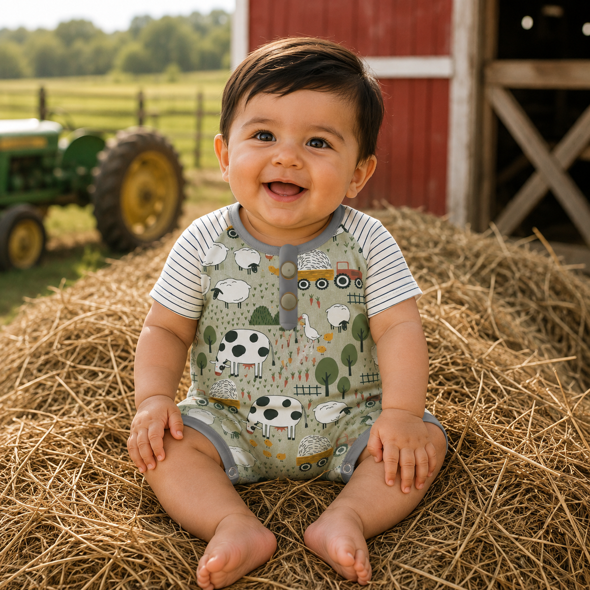 Farmyard Baby Shorty Henley Romper - Bamboo One Piece 3-6M