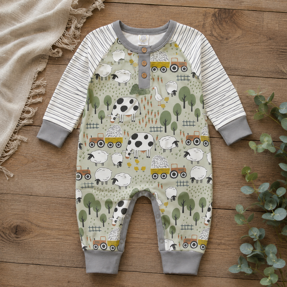 Farmyard Baby Henley Romper - Bamboo One Piece 3-6M