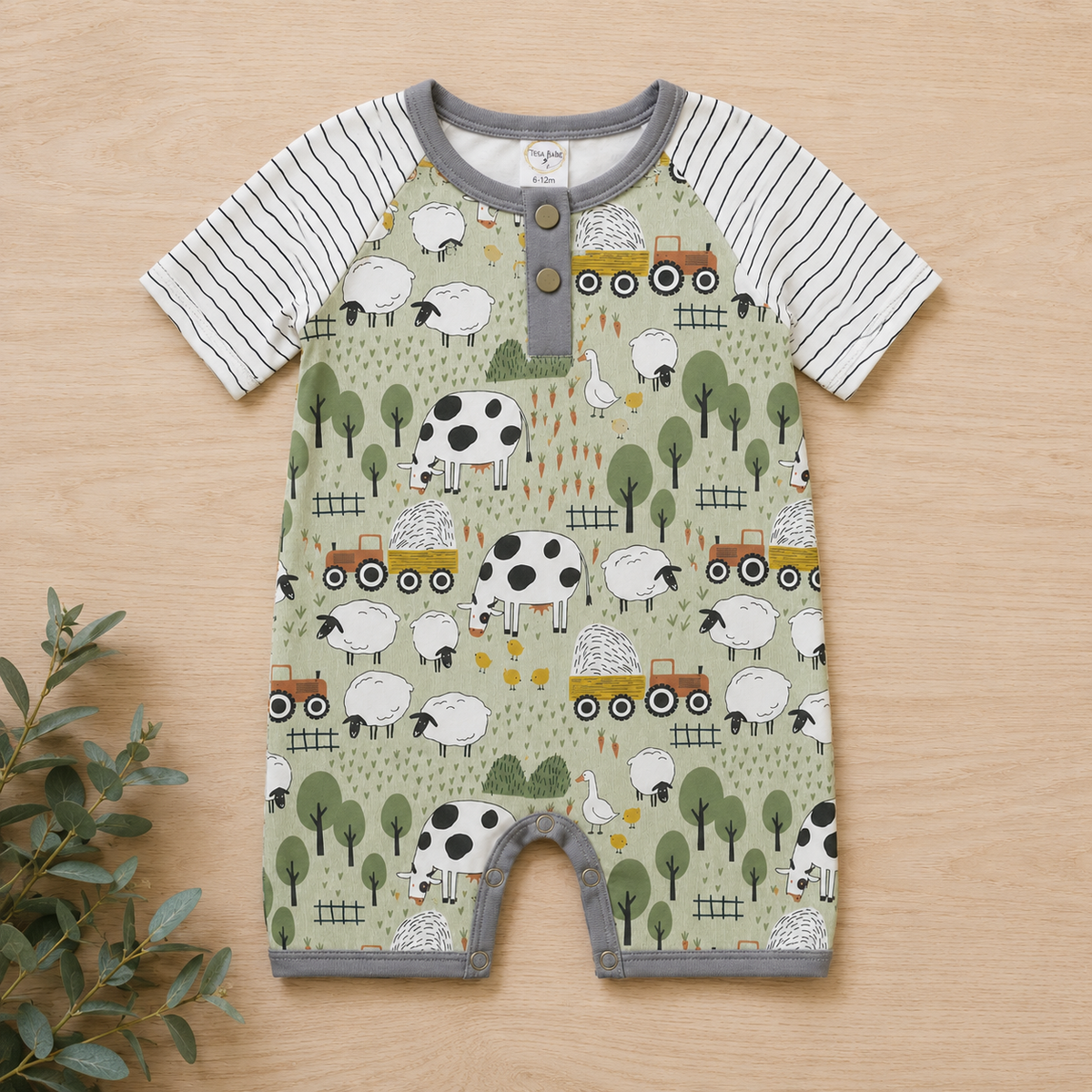 Farmyard Baby Shorty Henley Romper - Bamboo One Piece 3-6M