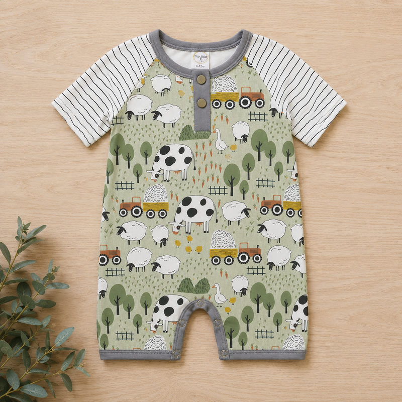 Farmyard Baby Shorty Henley Romper - Bamboo One Piece 3-6M
