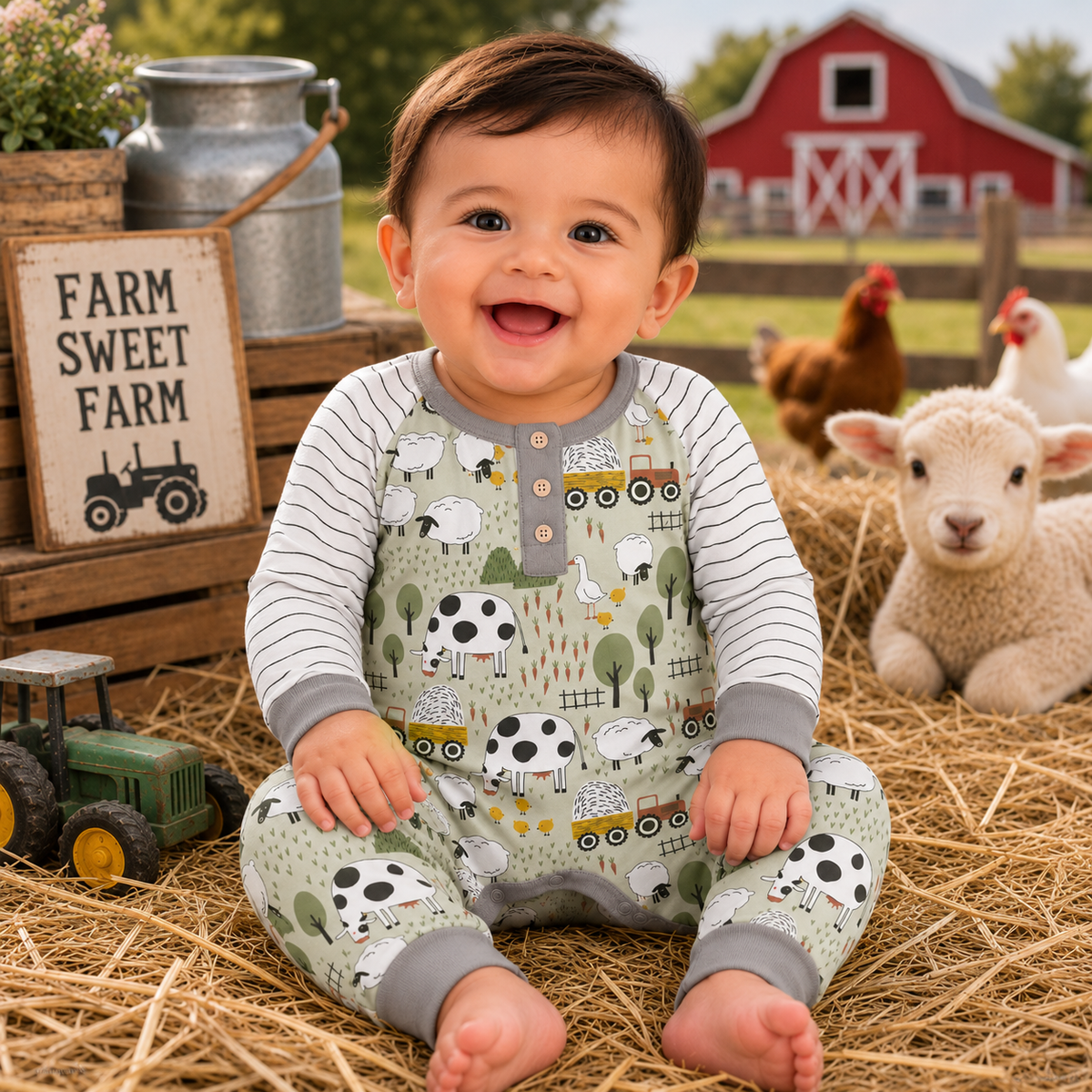 Farmyard Baby Henley Romper - Bamboo One Piece 3-6M