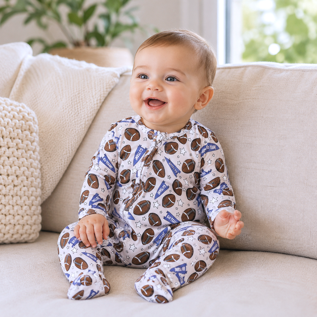 Bamboo Zipper Baby Romper – Football Fun & Comfort