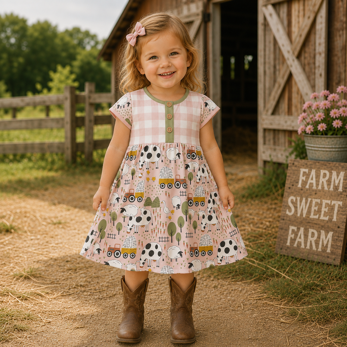 Farmyard Girl's Henley Dress - Bamboo/Cotton 6Y